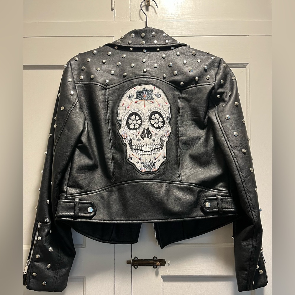 Sugar skull studded faux leather moto jacket M